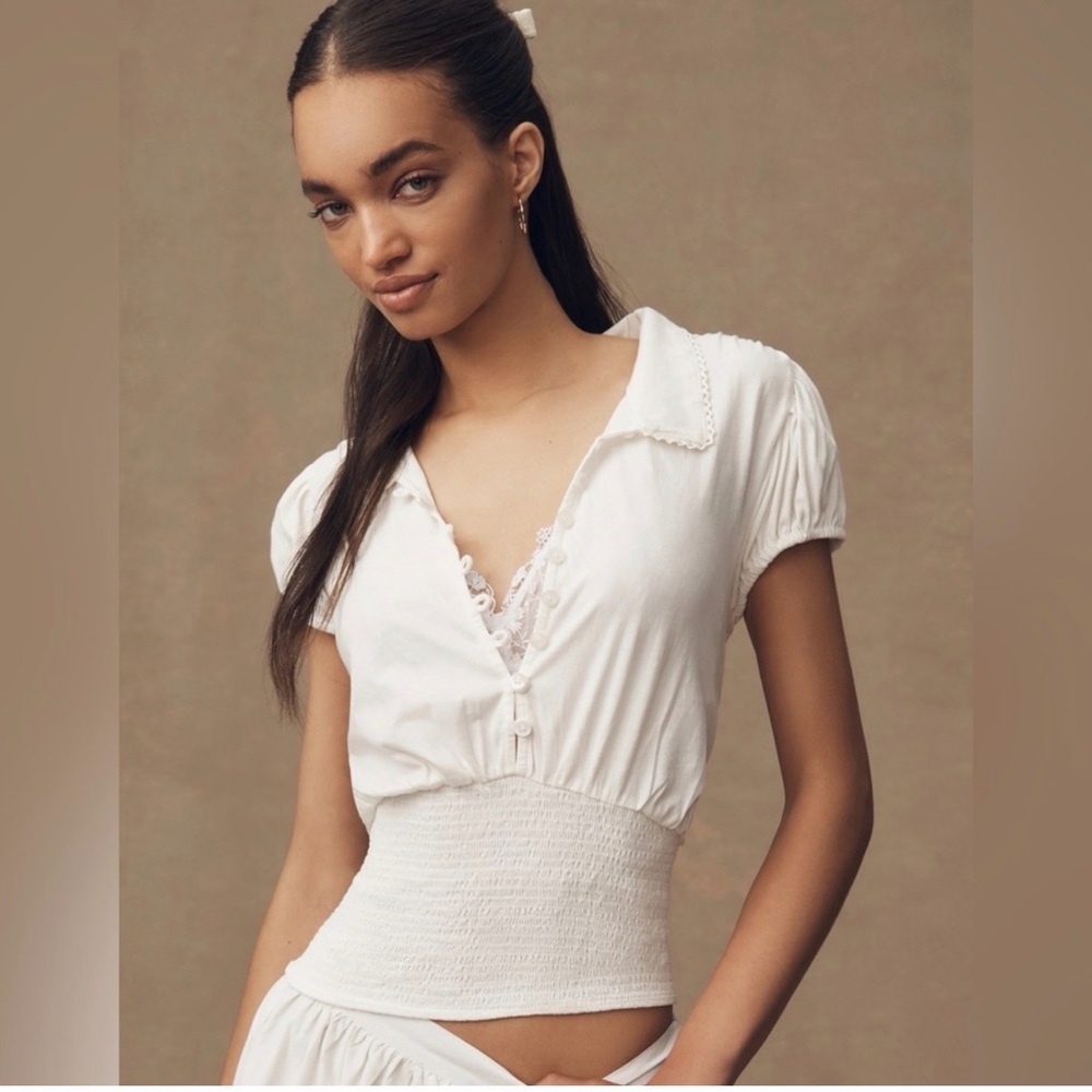 Maeve Anthropologie White Blouse with Smocked Waist